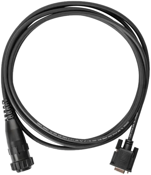 A coiled plasma control cable, with the round threaded CPC connector on one end and the 9-pin connector that plugs into the Mach 1 plasma attachment on the other.