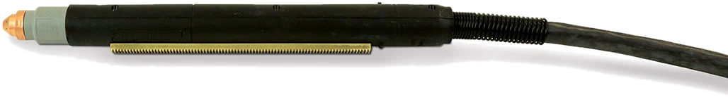 A straight-barrel 180 degree machine torch, with a toothed rack along its length for mounting and the lead exiting the back. No handle or trigger.