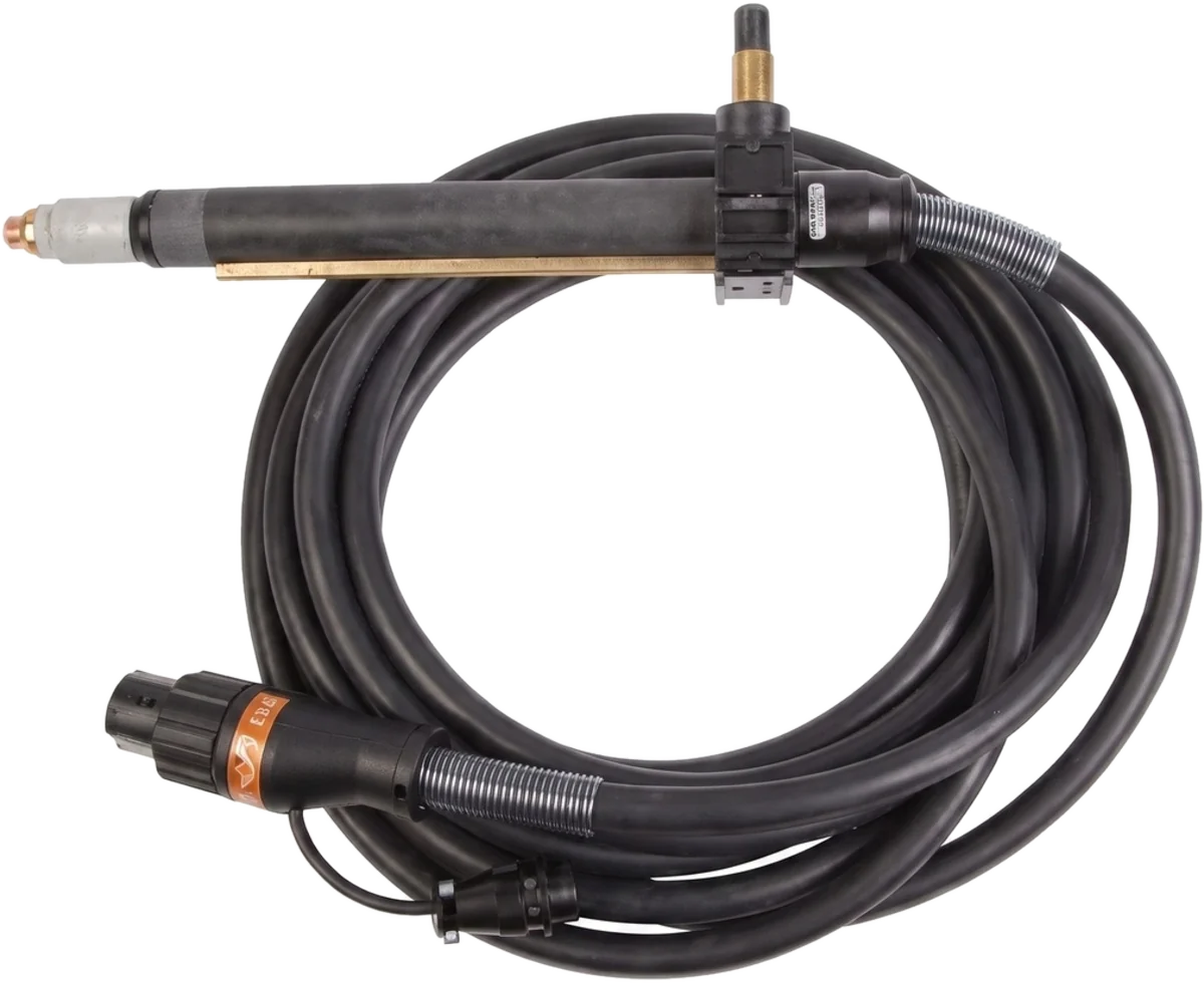 An SL100 machine torch with its coiled lead, ending in a round plug that carries the CNC connection.