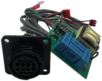 A plasma cutter CNC upgrade kit: a panel-mount 14-pin socket on a black plate, wired to a small circuit board with relays and a transformer.